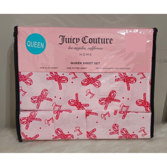 Juicy Couture Queen Sheet Set Christmas Pink Candy Cane Bow Bedding NWT - Picture 1 of 6